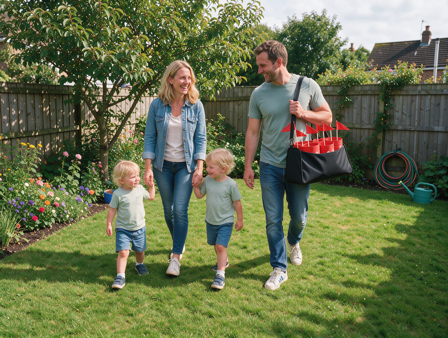 Family walking into their back garden carrying the Barrel Golf bag