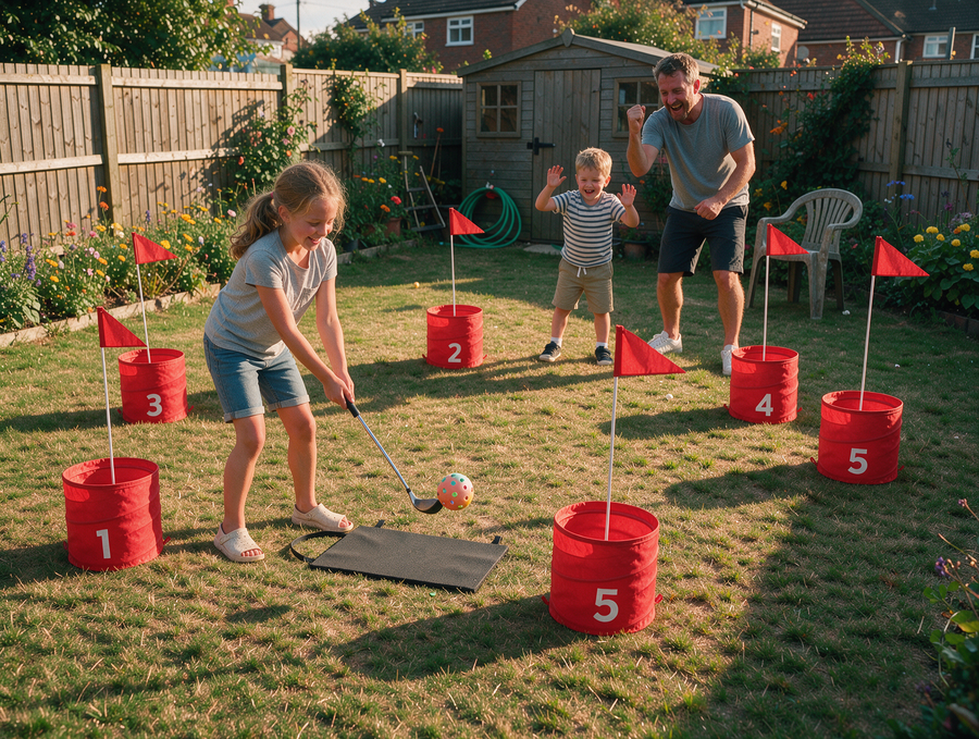 Girl chipping a ball towards a Barrel Golf barrel while her family cheers
