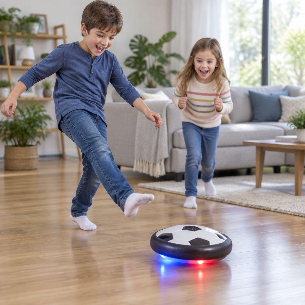 Kids playing with the hover football in the living room