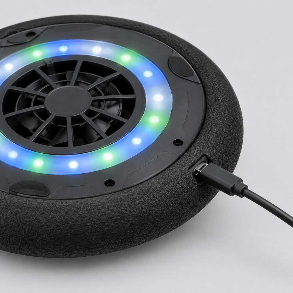 Underside of the hover football showing the fan, LED ring and USB charging port