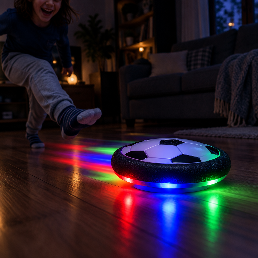 Hover football glowing with colourful LED lights at night