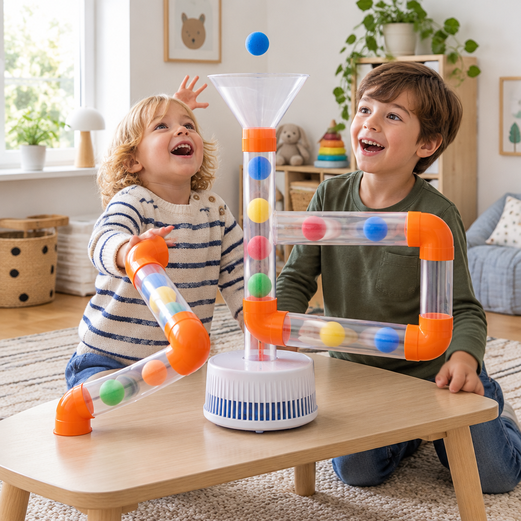 Kids playing with the air tube ball run in a playroom