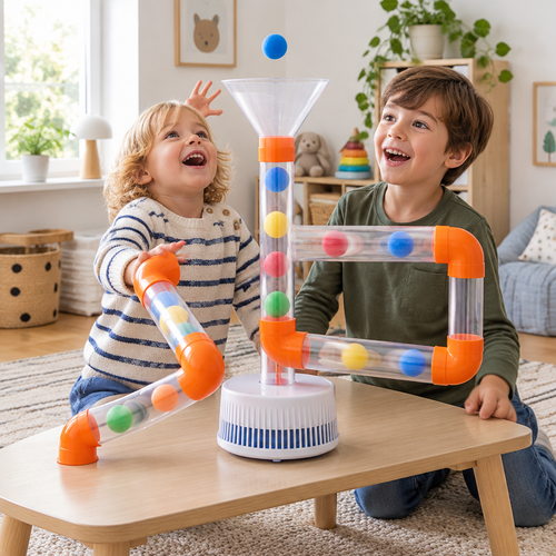 Kids playing with the air tube ball run in a playroom