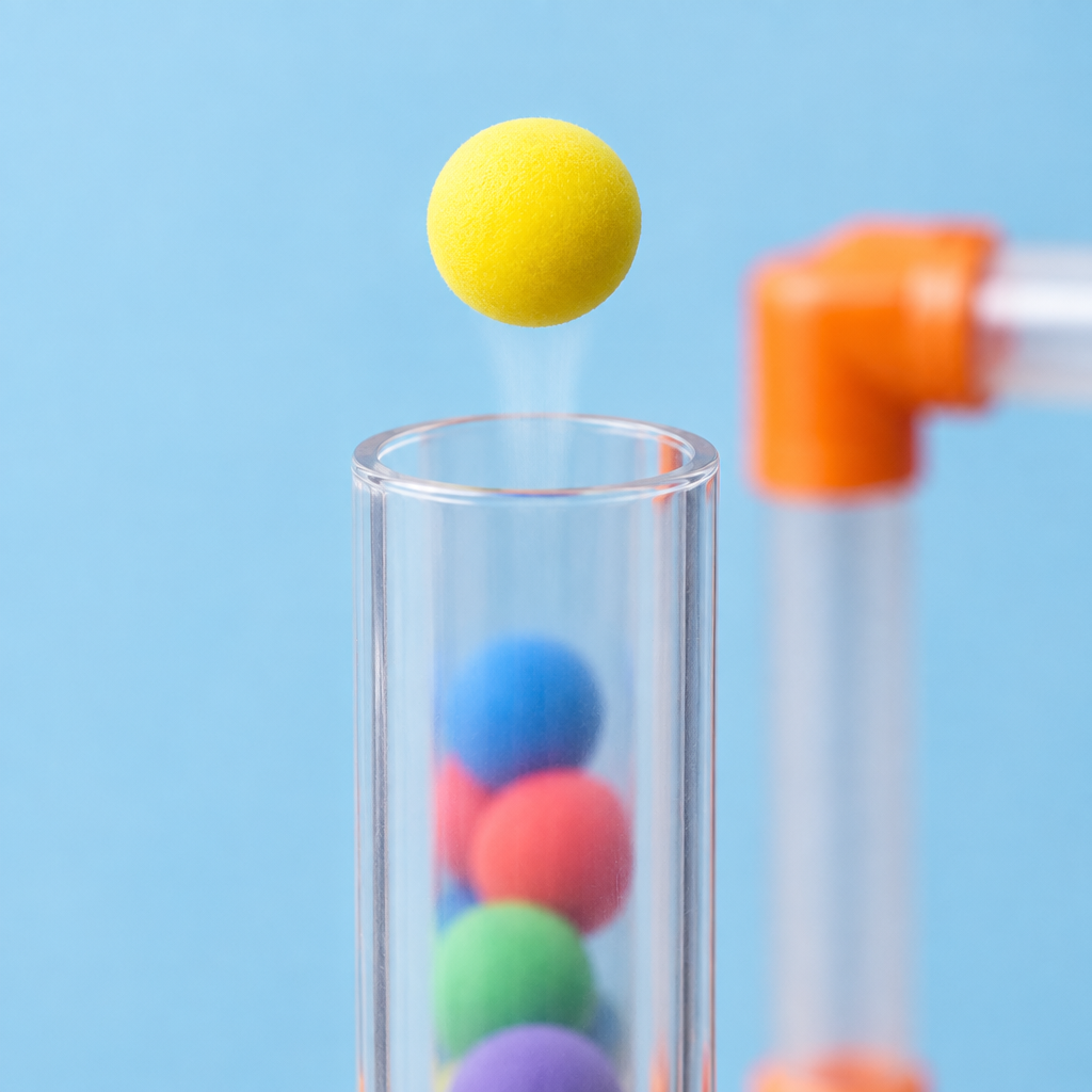 Foam ball floating on air above a clear tube