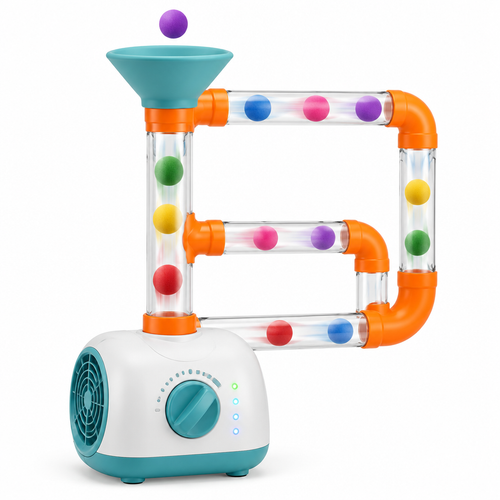 Air tube ball run with foam balls flying through clear tubes