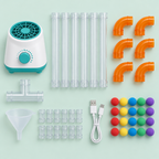 Everything in the box: fan base, tubes, connectors, funnel, cable and foam balls