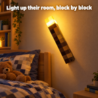 Pixel torch glowing warm on a kid's bedroom wall