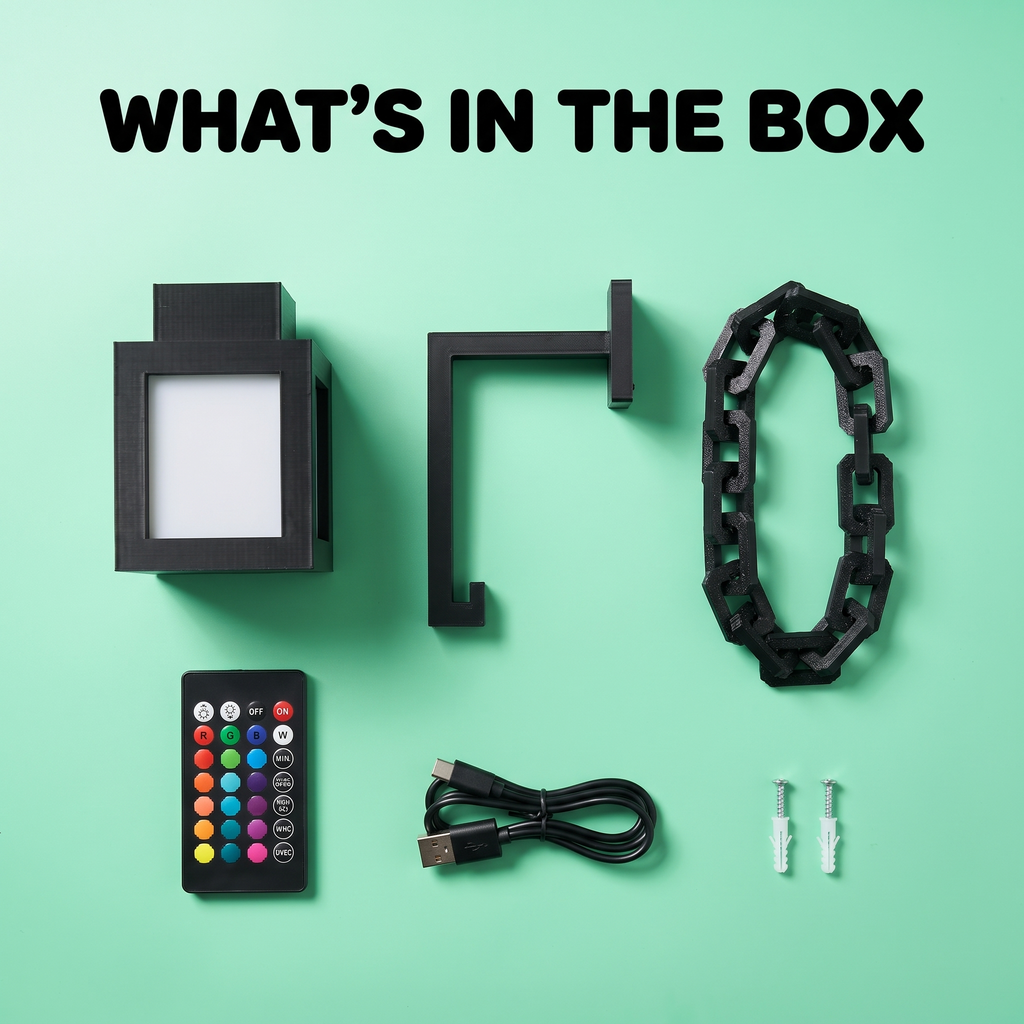 What's in the box: lantern, bracket, chain, remote, USB cable, screws