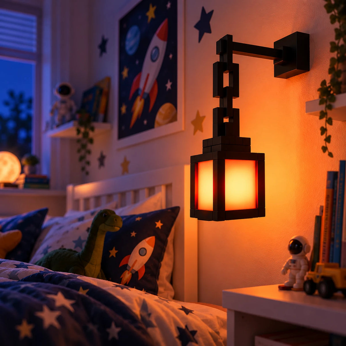 Minelamp glowing warm orange on a kid's bedroom wall
