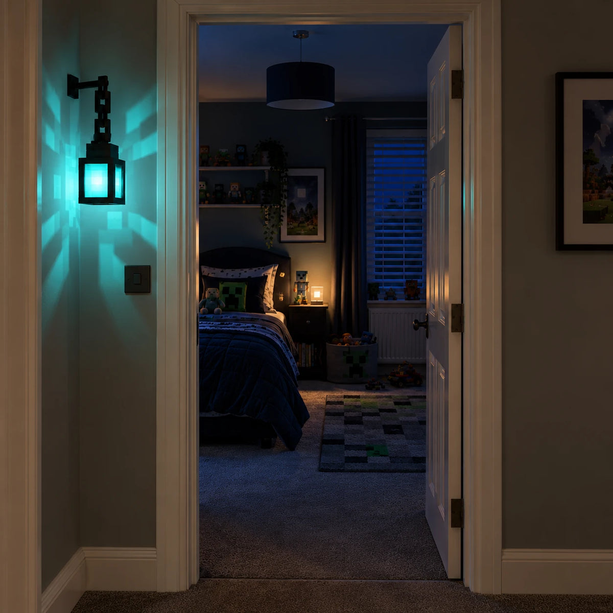 Minelamp glowing teal outside a kid's bedroom