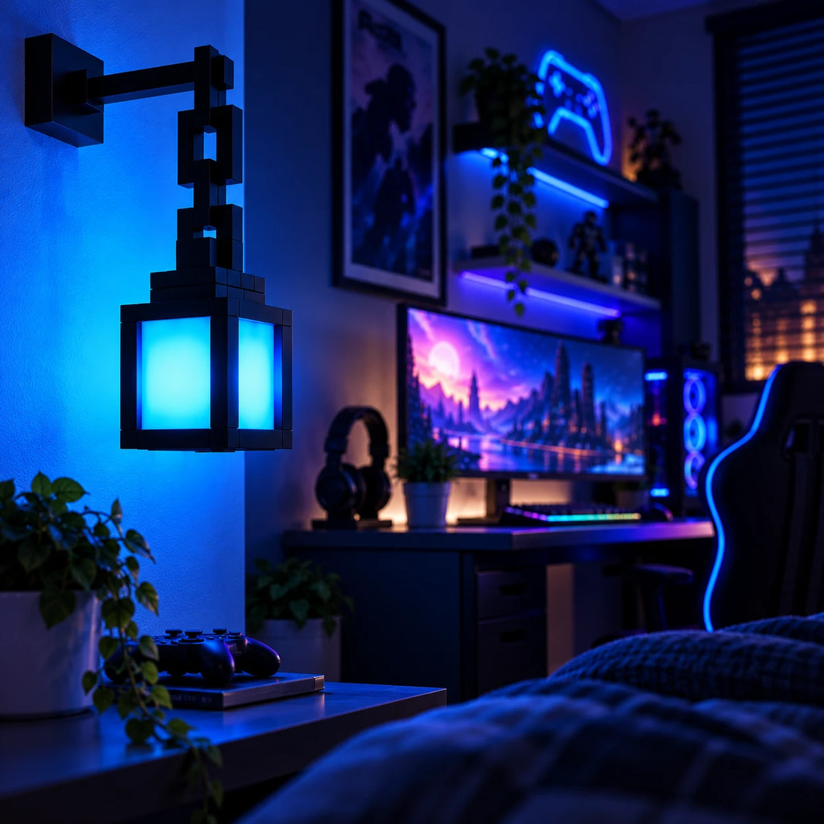 Minelamp glowing blue in a gaming room