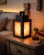 Minelamp standing on a bedside table