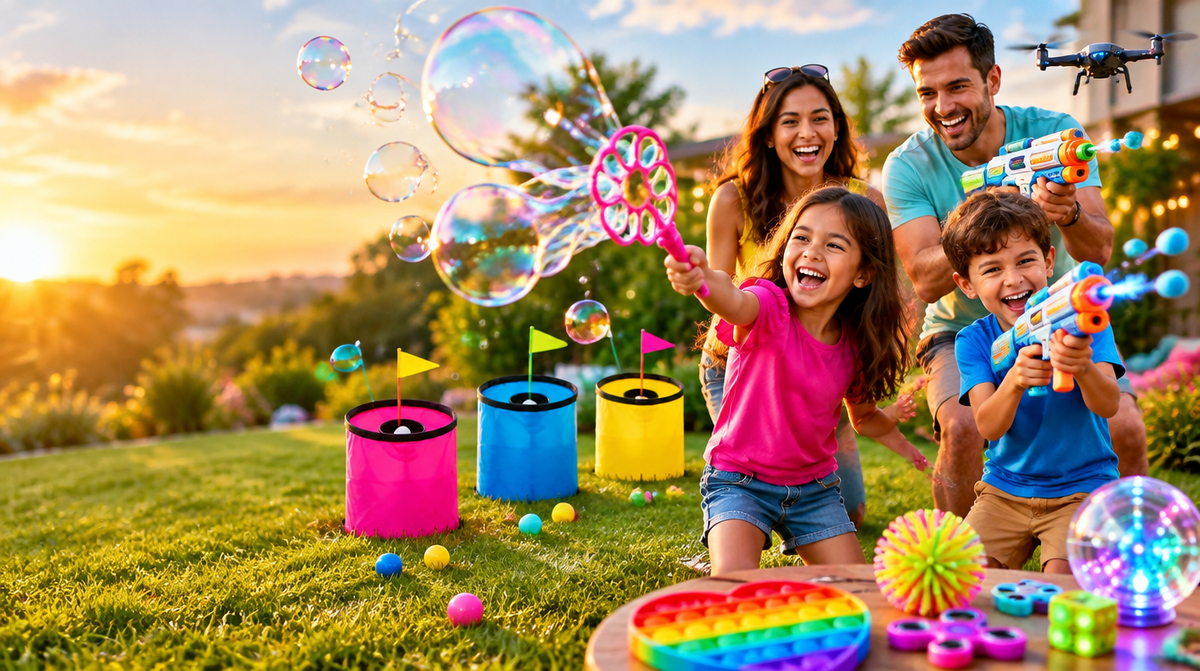 Family playing with viral toys in the backyard