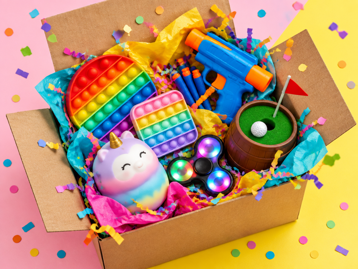 Box overflowing with trending toys